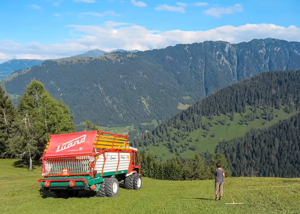 Récolte du foin avec un véhicule agricole à Versam, dans les Alpes suisses Récolte du foin avec un véhicule agricole à Versam, dans les Alpes suisses.
