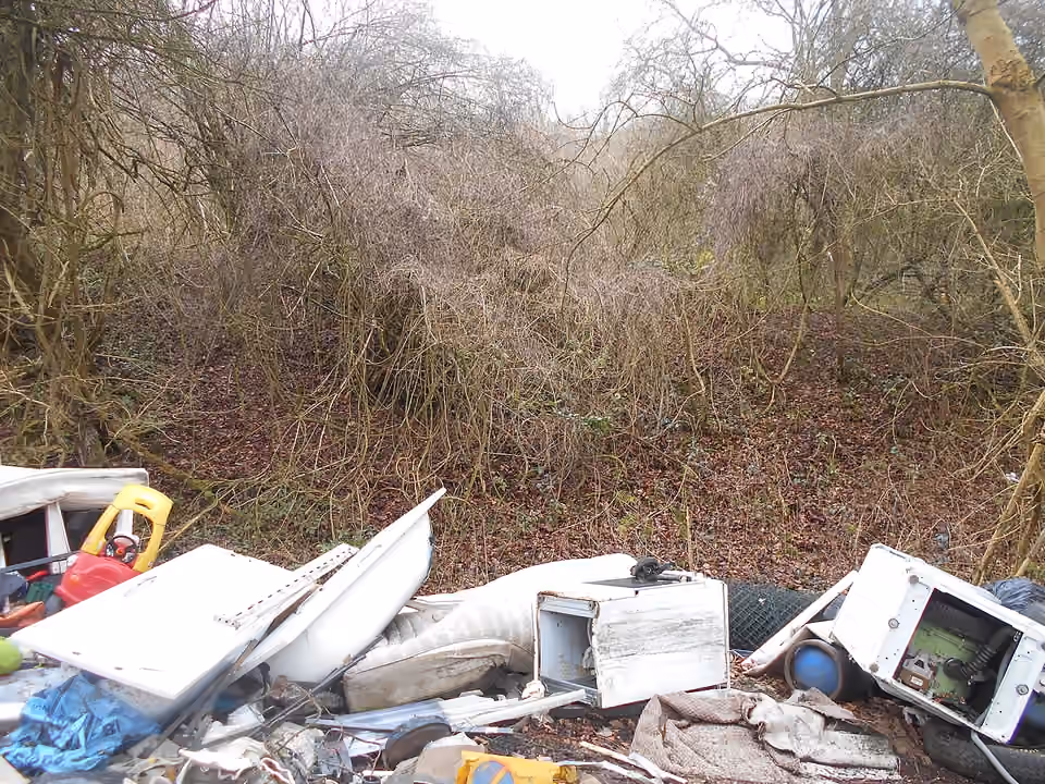 Déchets abandonnés au bord d’une voie rurale à Tatsfield en Angleterre Déchets abandonnés au bord d’une voie rurale à Tatsfield en Angleterre.