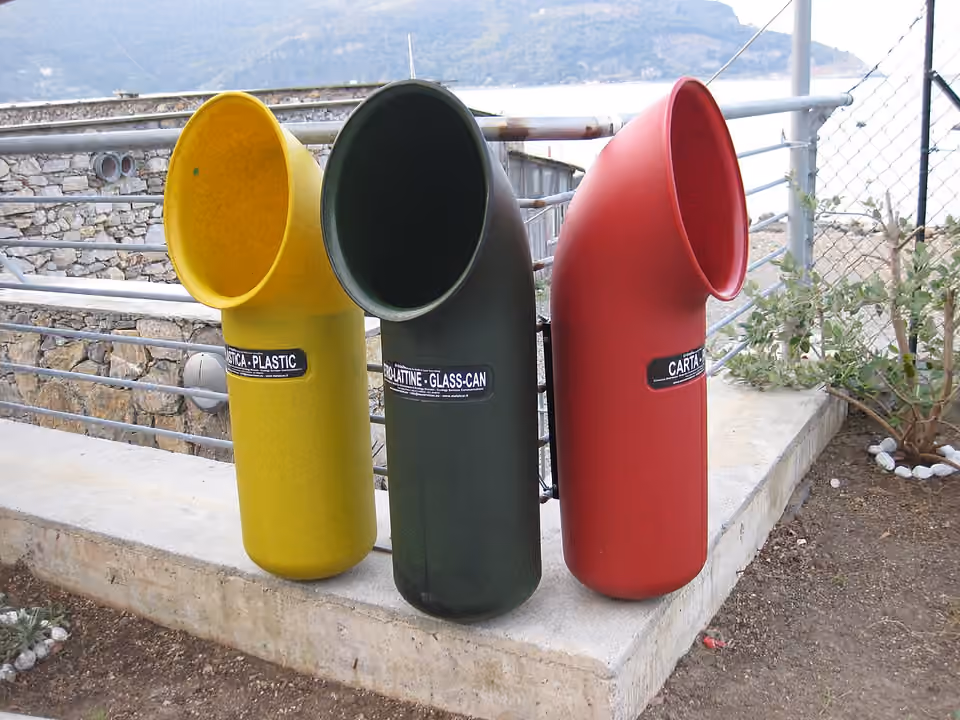 Récipients de tri des déchets alignés à Porto Venere en Italie Récipients de tri des déchets alignés à Porto Venere en Italie.